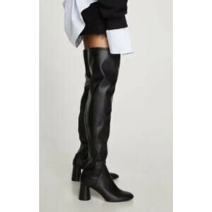Zara Black Faux Leather Over The Knee Block Heel Round Toe Boots Womens Size 36